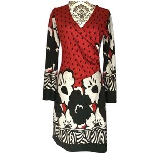Black White & Red Long Sleeve Faux-Wrap Midi Sweater Dress